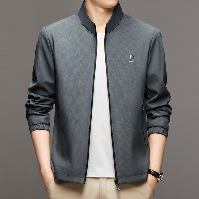 夹克外套男春秋季商务休闲中年爸爸装纯色高档男士立领茄克衫上衣