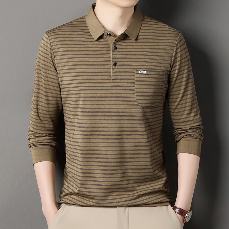 中老年薄款长袖T恤男士春秋季休闲条纹口袋翻领Polo衫爸爸上衣服,男装,中老年上装,淘宝优惠券,粉丝福利购,淘宝优惠卷