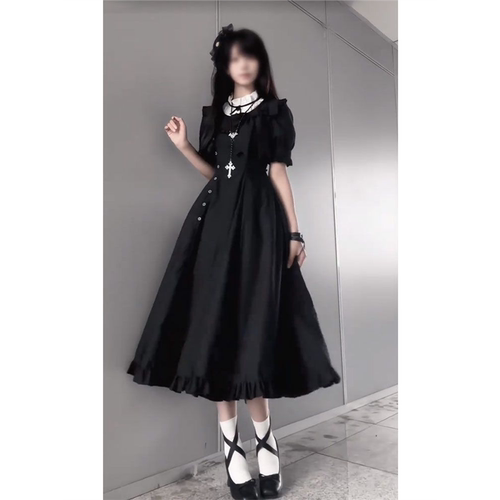 宇宙诗 片裁cla系优雅气质lolita连衣裙撞色拼接领暗黑系收腰长裙