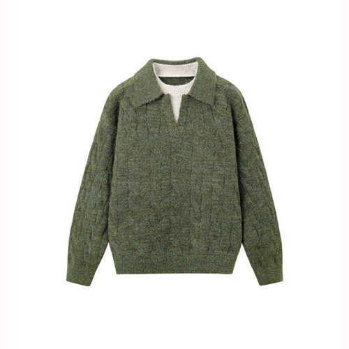 复古绞花假两件拼接POLO领毛衣