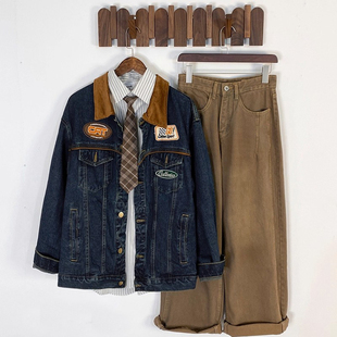 潮牌日系复古刺绣翻领牛仔外套男女潮牌vintage古着帅气夹克上衣