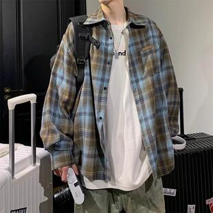 日系cityboy宽松格子衬衫男长袖vintage美式衬衣复古工装外套潮牌