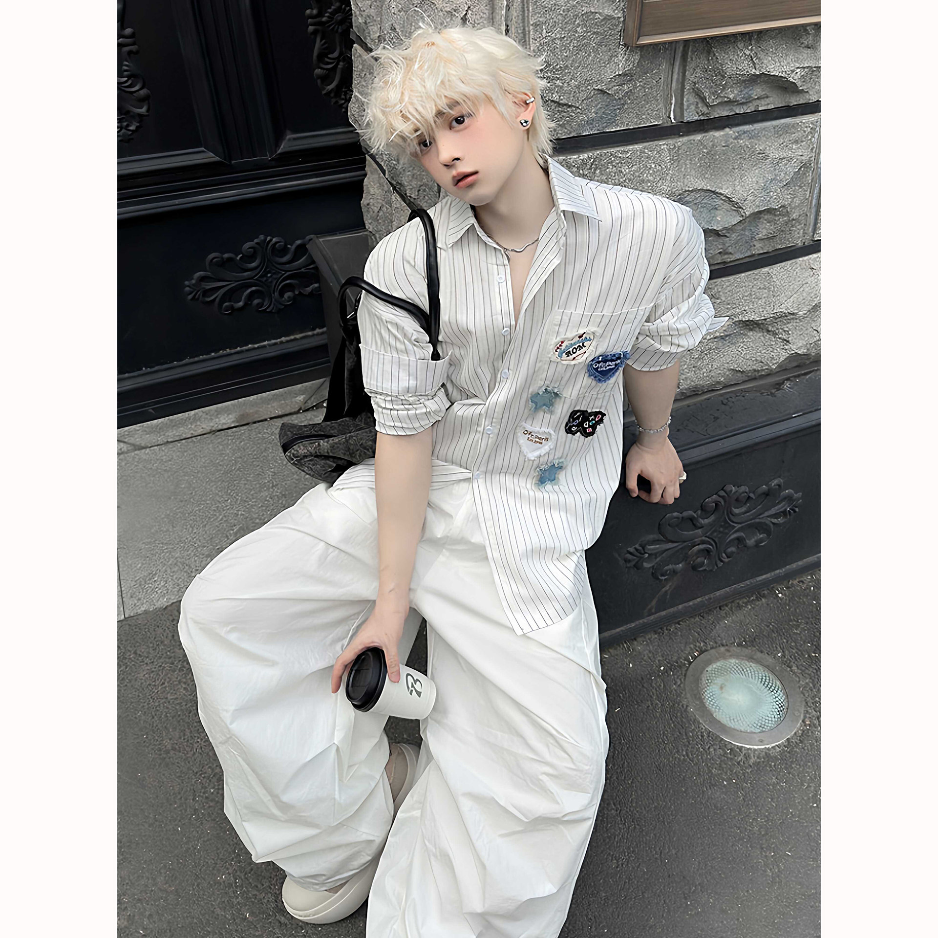 童趣乌托邦贴布趣味条纹长袖衬衫