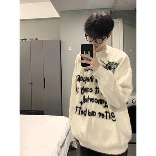 美式国潮慵懒风字母套头针织衫男女休闲情侣毛衣秋冬新款毛线衣潮