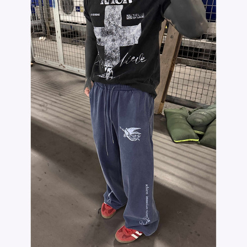 美式高街做旧抽绳阔腿宽松卫裤