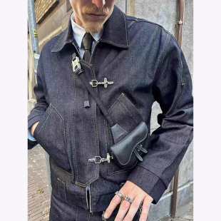 美式复古高街水洗牛仔外套男女秋季设计感飞机扣短装宽松翻领夹克