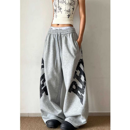 美式印花阔腿拖地卫裤不易变形