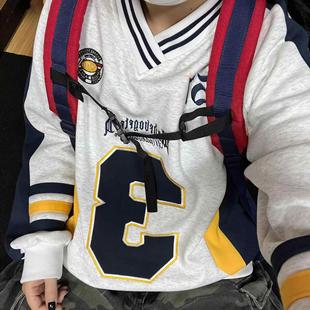 美式 复古徽章刺绣V领撞色拼接卫衣重磅情侣运动上衣男女套头外套