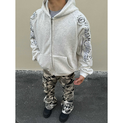 秋冬美式复古钉珠刺绣连帽卫衣男