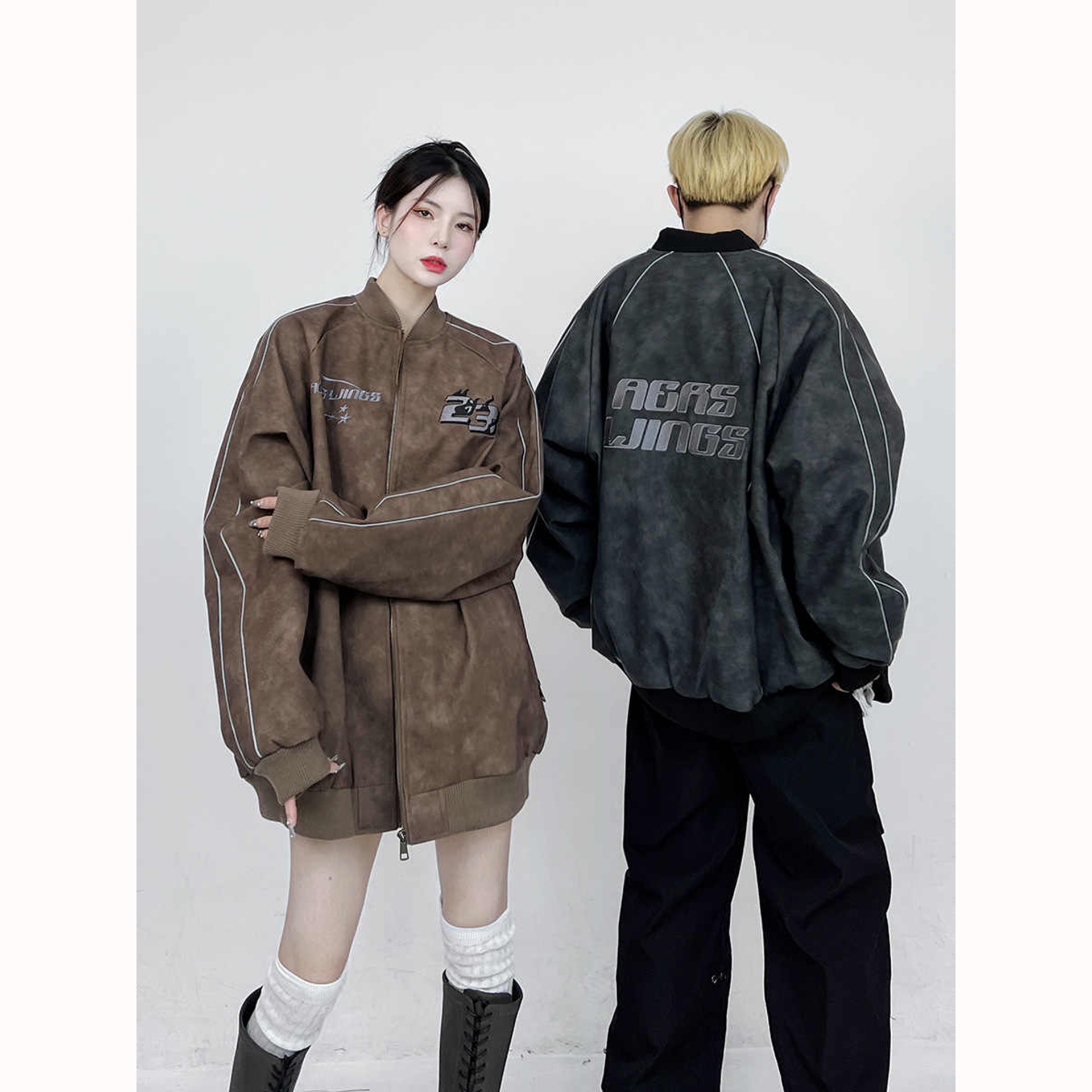 长袖宽松春秋pu美式复古拉链立领