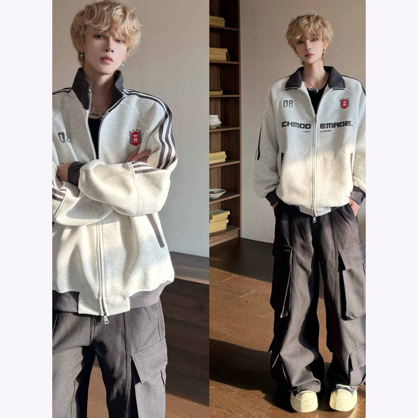 美式复古三条杆立领棒球服外套男秋冬情侣拉链开衫学生潮牌夹克衫