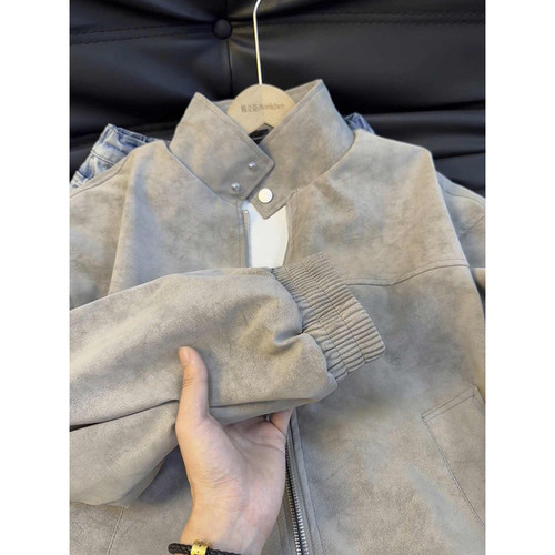 美式复古扎染PU机车皮夹克春秋