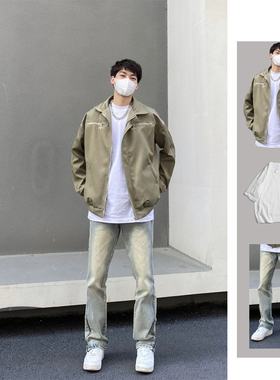 美式设计感工装外套男春秋季痞帅夹克ifashion翻领棒球服一套搭配