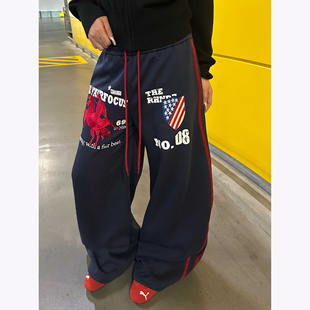 美式高街刺绣运动风卫裤男女复古宽松长裤跳舞阔腿弯刀休闲直筒裤
