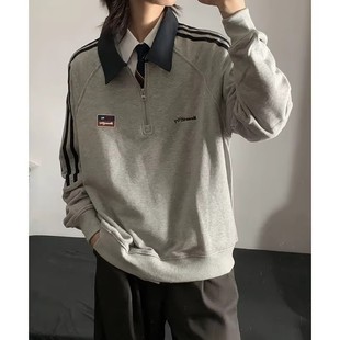 半拉链翻领卫衣男春秋美式三条杠polo衫长袖学院风打底衫潮牌上衣