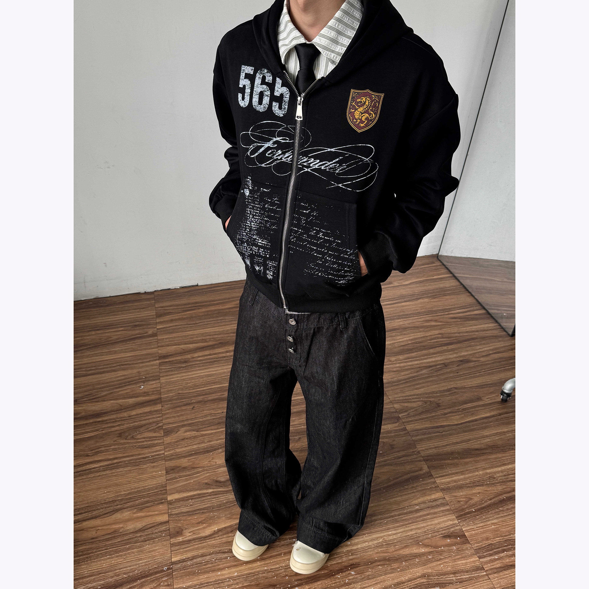美式街头短款宽松轻亚印花连帽开衫卫衣外套男女情侣休闲外套帽衫