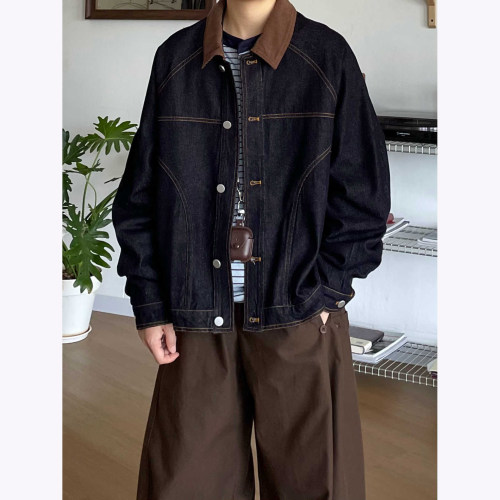 日系灯芯绒拼接牛仔短款夹克