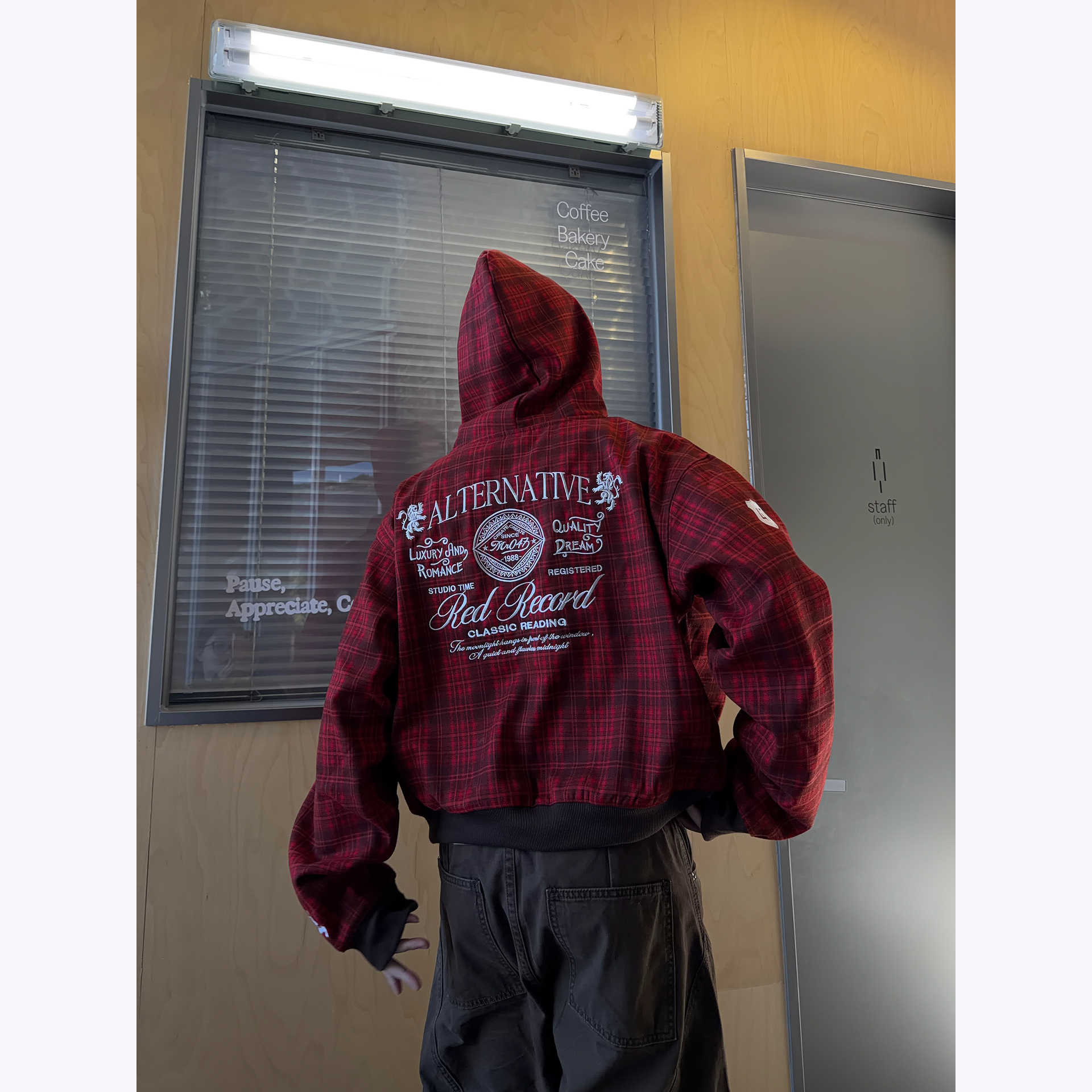 美式格纹刺绣连帽开衫卫衣男女秋冬休闲百搭街头外套嘻哈宽松帽衫
