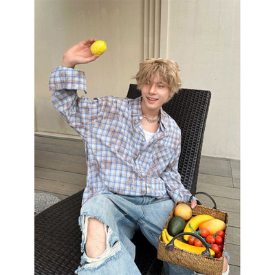 复古格子男长袖扎染衬衫薄款