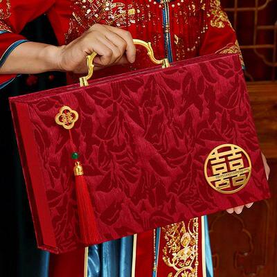 结婚聘金礼金收纳箱国风提花刺绣喜字礼盒订婚回礼体面手提箱礼品
