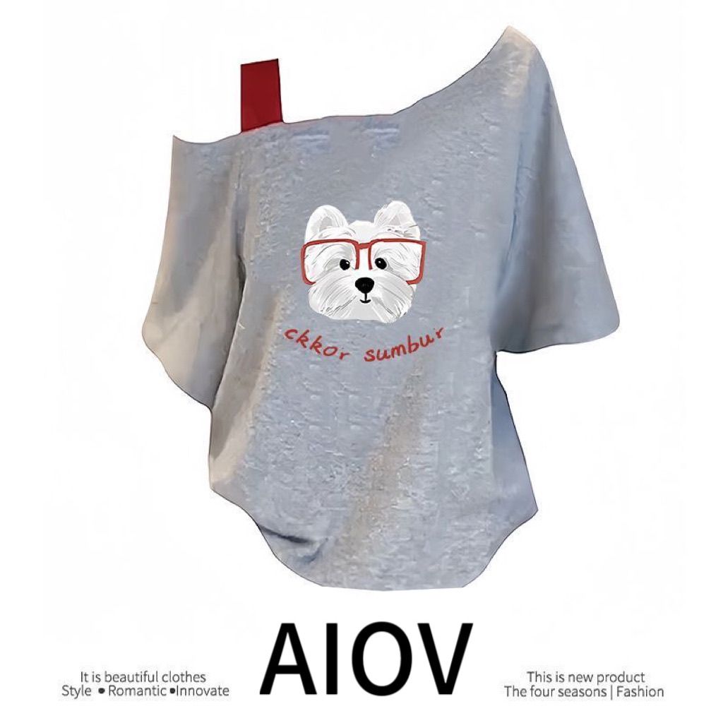 大码胖MM显瘦斜肩吊带短袖T恤夏眼镜小狗创意印花时尚设计感上衣