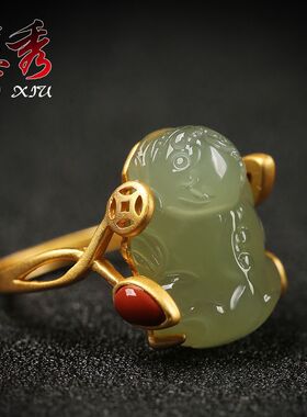 和田青玉貔貅开口戒指S925纯银皮丘招财古法金镶玉女妈妈母亲礼物