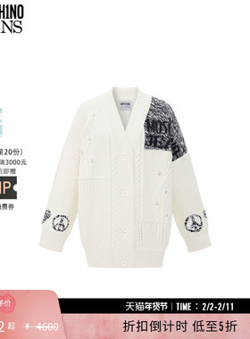 【礼物低至5折】M05CH1N0 JEANS 女士V领复古印花撞色针织开衫