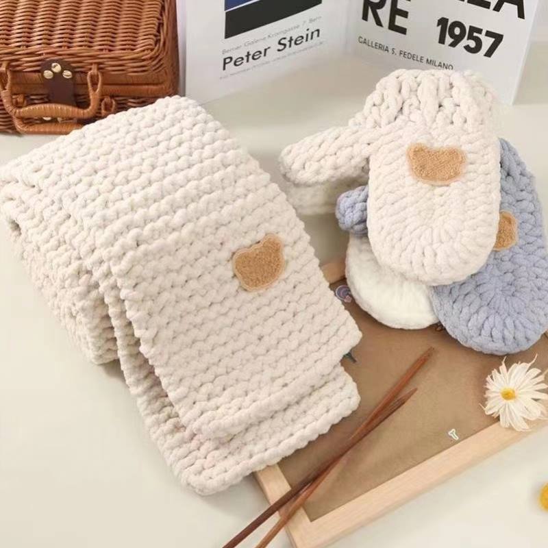 小熊手套围巾自织冰条线织手套的毛线手工针织DIY材料包送男女友