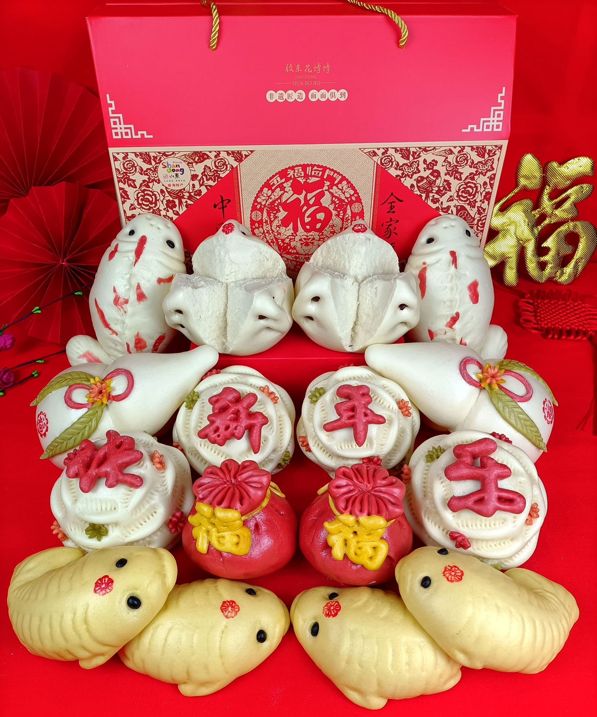 胶东小镇花饽饽纯手工面食馒头元宝寿桃福袋春节过年送礼盒装花馍