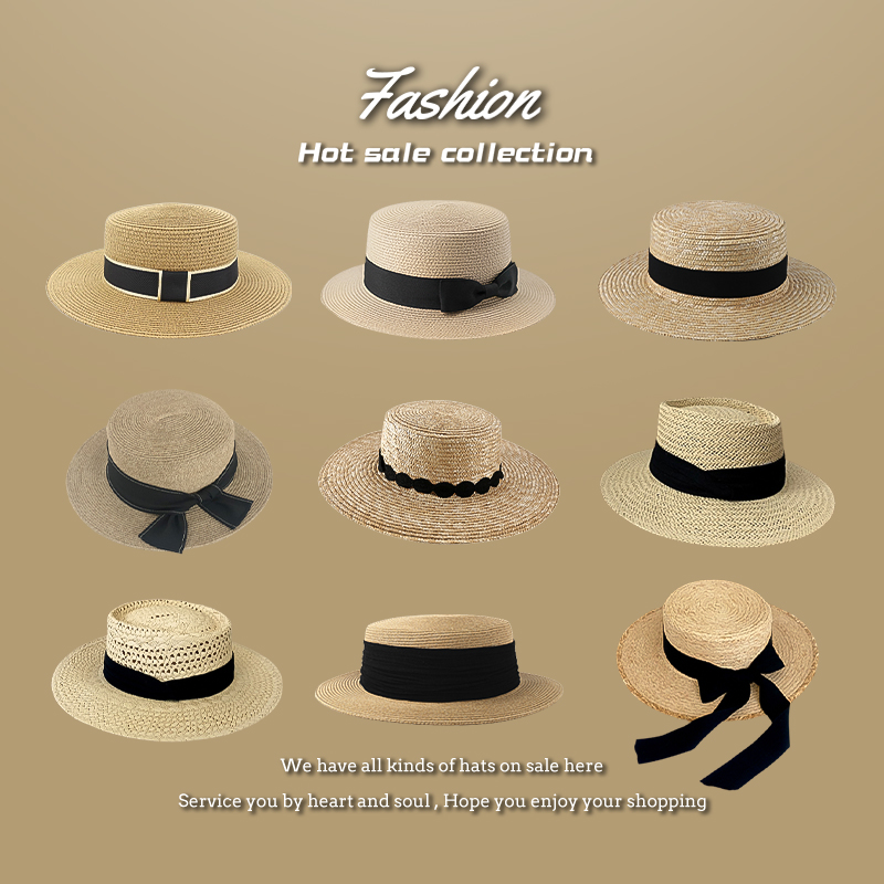 夏季海边拍照黑色装饰草帽女法式复古渔夫帽子平沿遮阳帽沙滩出游