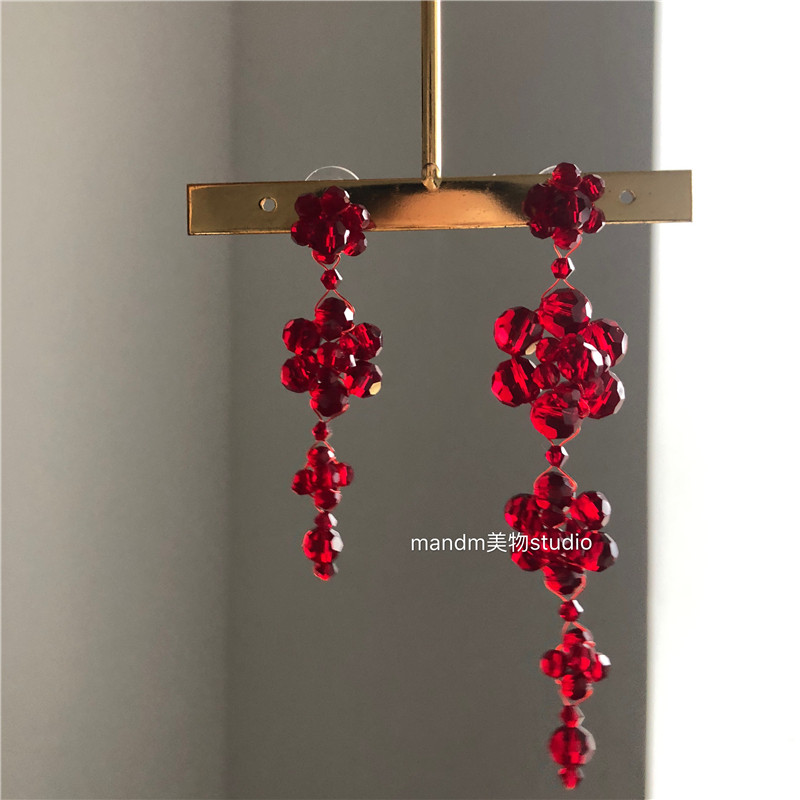 小众酒红色编制花卉无洞银耳钉