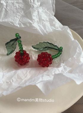 日系小清新圣诞森系文艺红色晚晚款编织樱桃防过敏925耳钉耳环女