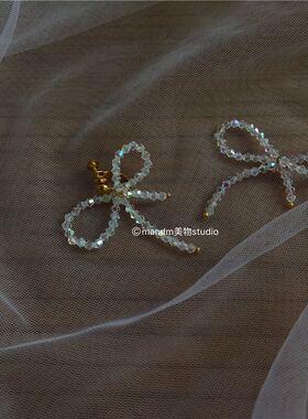 日系小清新简约森系红色水晶蝴蝶结防过敏925耳钉无洞耳夹耳环女