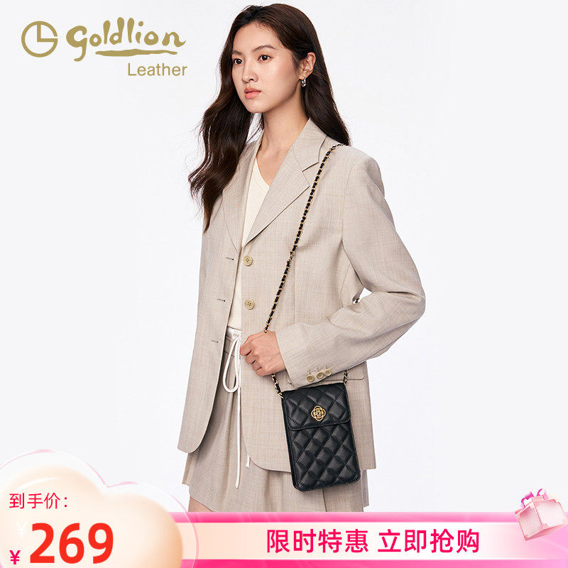 金利来时尚真皮女包2026新款单肩斜挎手机包黑色菱格小香风链条包