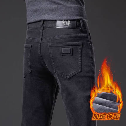 香港秋冬款加绒牛仔裤男士修身直筒弹力百搭高端2024黑色休闲长裤