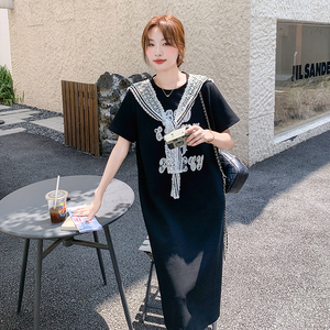 法式拼接长裙T恤裙夏季连衣裙宽松辣妈减龄大码时尚图片