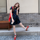 深蓝色复古清冷感牛仔套装2025新款女夏爆款高级感衬衫短裤两件套，女装套装/套裙，2C293