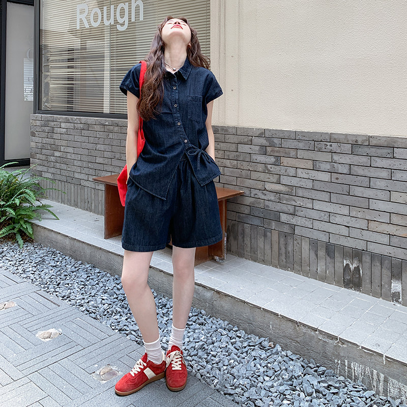 深蓝色复古清冷感牛仔套装2025新款女夏爆款高级感衬衫短裤两件套,女装套装/套裙,2C293
