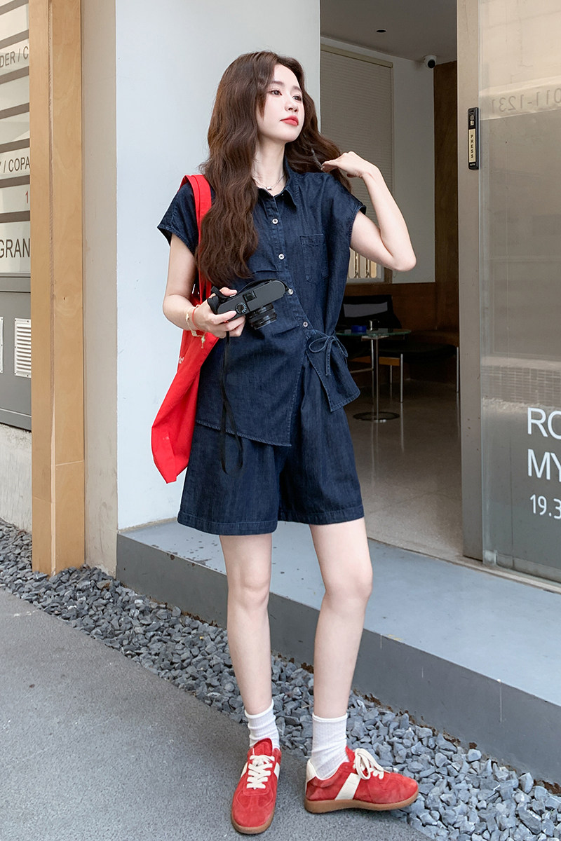 深蓝色复古清冷感牛仔套装2025新款女夏爆款高级感衬衫短裤两件套,女装套装/套裙,2C293