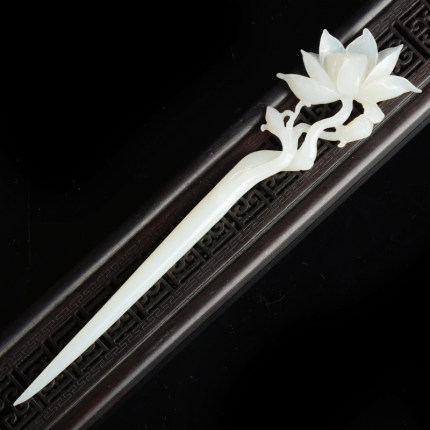 天然岫玉 玉石发簪 玉荷花 精雕 A货 玉荷叶 古典发簪 镂空雕刻