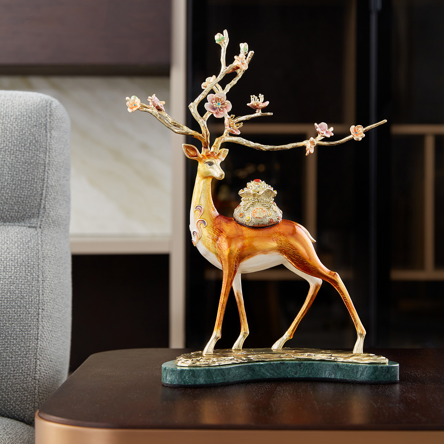 圣朗伦新中式梅花鹿招财福鹿珐琅彩摆件客厅家居玄关电视柜摆件鹿
