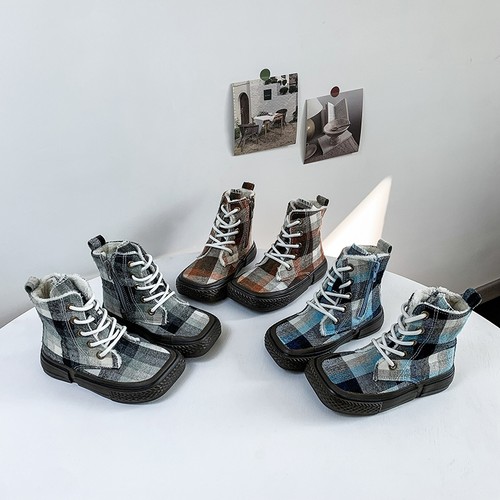 冬季方头韩版格纹儿童大棉鞋