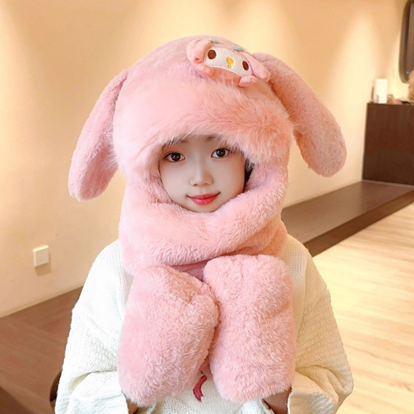 新款可爱耳朵会动毛绒帽子儿童围巾手套三件套女冬天一体加厚保暖,童装/婴儿装/亲子装,帽子,淘宝优惠券,粉丝福利购,淘宝优惠卷