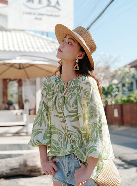 显白绿色宽松薄款长袖衬衫女夏季系带显瘦衬衣度假风小衫防晒上衣