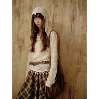 复古连帽针织衫毛衣格纹半身裙