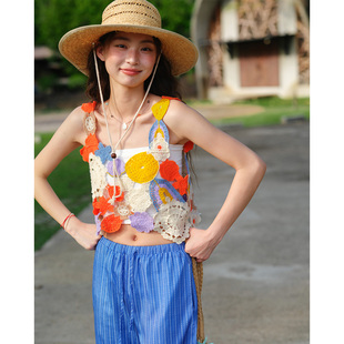 波西米亚多巴胺彩色针织钩花背心女夏季 镂空吊带上衣明媚感穿搭