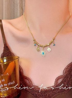 欧美宫廷风中古vintage复古气质做旧金属扇形闪钻项链卫衣毛衣链