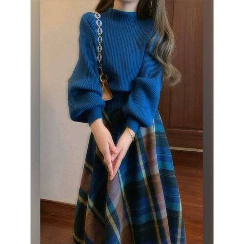 秋冬新款法式复古蓝色半高领针织毛衣+高腰格子半身长裙套装裙子