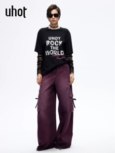uhot UWLS1N027 诱货26春黑色拼蕾丝印花宽松T恤古早叛逆少女风