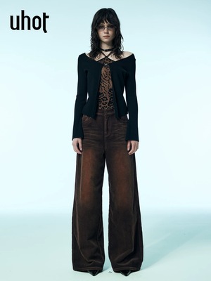 uhot/诱货咖色灯芯绒长裤女复合绒猫须高腰阔腿裤25新款UWWW4K332